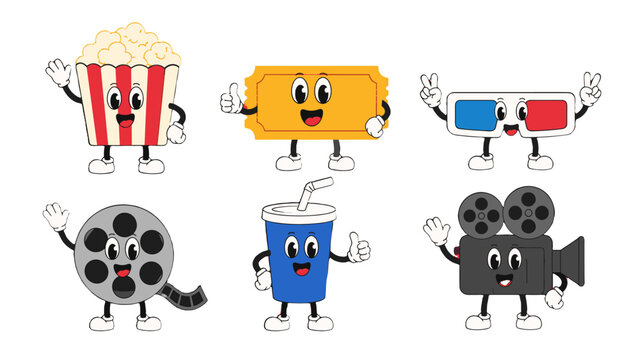 Cartoon cinema icons set with popcorn ticket glasses and camera