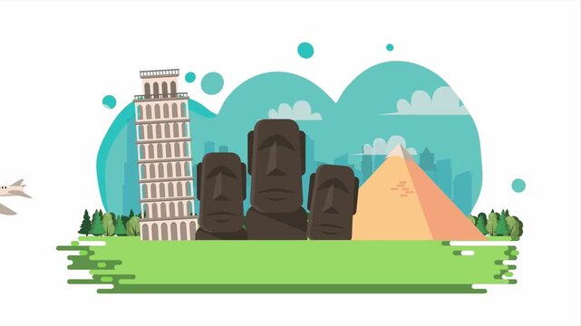 Famous Landmarks Collage: Leaning Tower, Moai Statues, Pyramid with Airplane