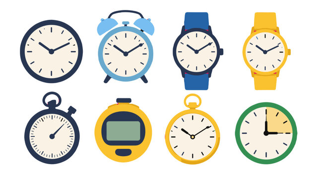 Collection of assorted clock and watch icons in flat vector style