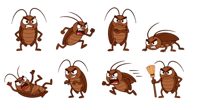Cartoon cockroach character set with different angry poses