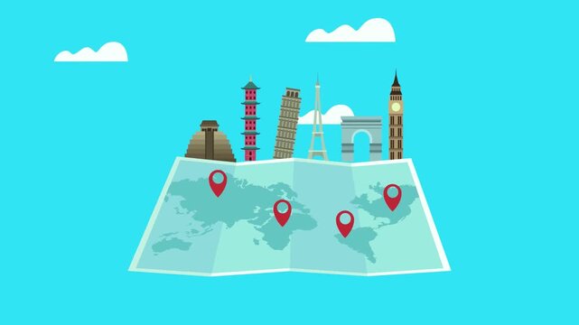 World map on transparent digital screen floating in clear blue sky with fluffy clouds