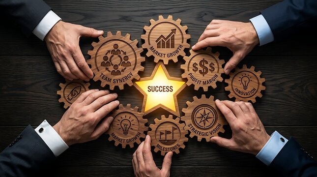 Business teamwork and strategy concept with four hands assembling wooden gears around a glowing success star