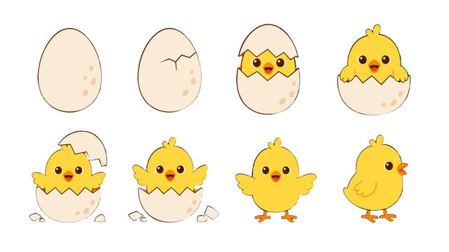 Cute chick hatching sequence with egg stages vector set