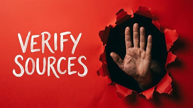 Fake news prevention and media literacy concept with hand making stop gesture through torn red paper with verify sources text