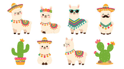 Cute llama and cactus cartoon set with festive accessories © Alan