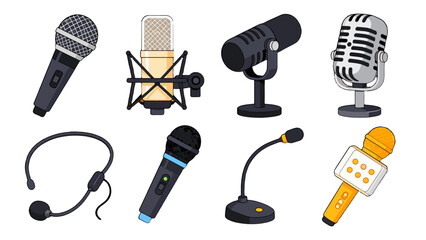Set of microphone and headset vector icons on white background © Alan