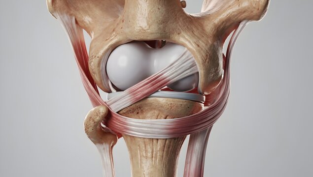 Anatomical illustration of hip capsule ligaments in dorsal view with superior, central, and inferior bands