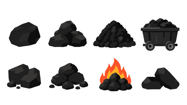 Set of black coal rocks, pile, cart and burning coals vector