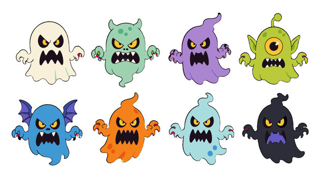 Set of cute cartoon ghost and monster characters