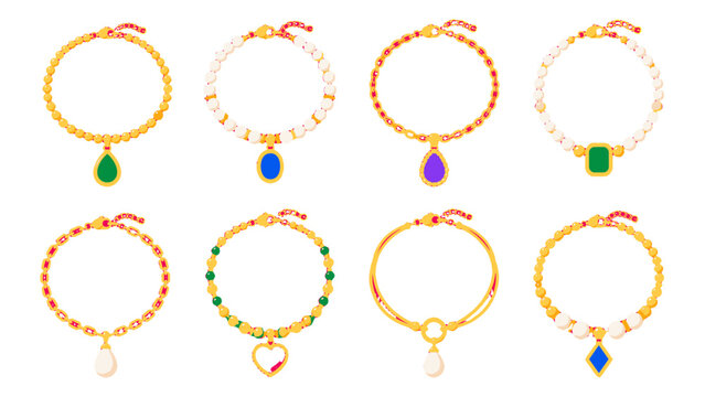 Set of colorful gemstone and bead bracelets isolated on white