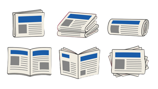 Set of newspaper icons in different folded and open views