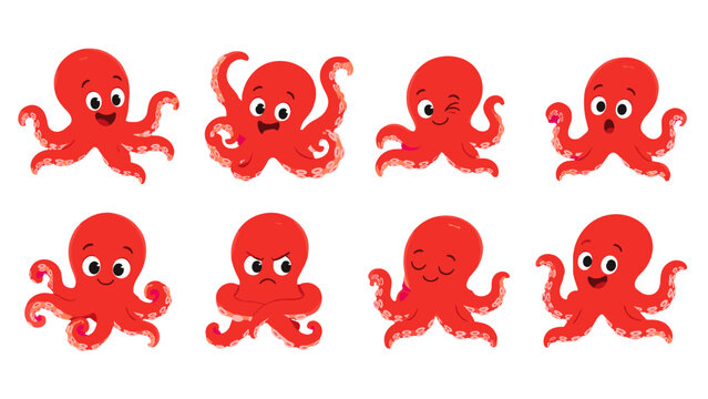 Set of cute red octopus cartoon characters with different expressions