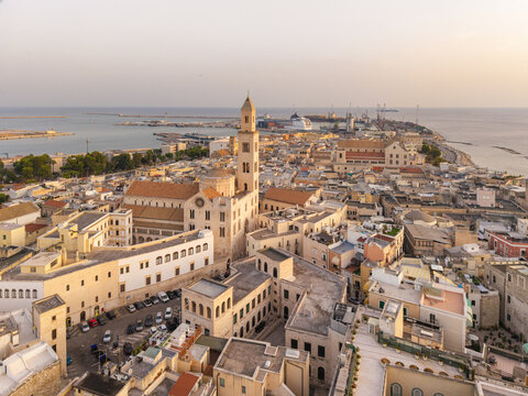 Aerial sunrise view over the historic old town of Bari, Puglia, Italy