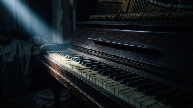 Dusty vintage upright piano illuminated by a dramatic beam of light in a dark room.