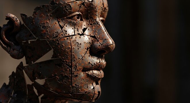 Rusty fragmented metal face sculpture appearing weathered in profile, symbolizing mental health, psychological trauma, or industrial decay.