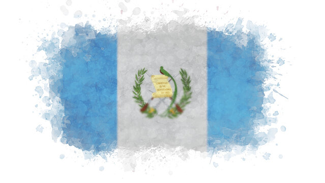 The flag of Guatemala is creatively rendered with a watercolor splash effect, showing vertical stripes of light blue and white with the Quetzal bird and scroll in the center.