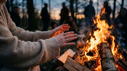 Fototapeta premium Female hands warming at spring equinox bonfire ritual in outdoor forest clearing, seasonal gathering and community connection