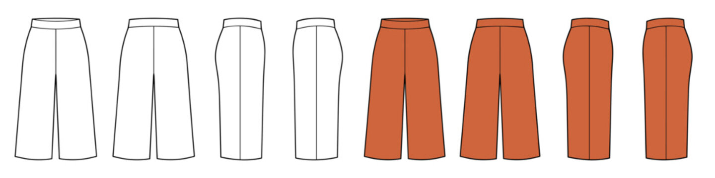 Orange culottes pants vector template illustration cad technical drawing