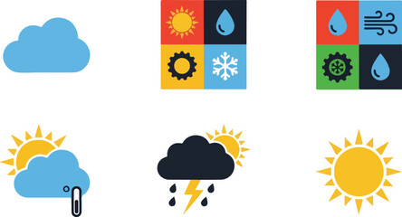 Obraz premium Weather forecast icons set sun clouds rain snow wind temperature
