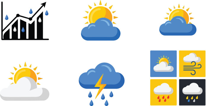 Weather and financial data icons set sun rain storm and growth charts