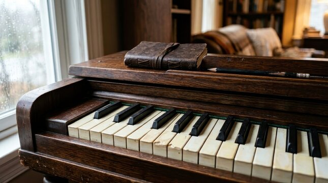 Vintage Wooden Piano Keyboard with Old Book on Top.