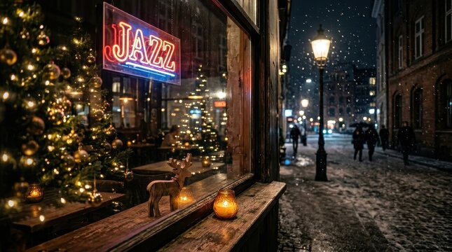 Cozy jazz club exterior at night in winter city.