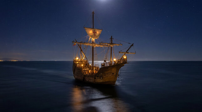 La Nao Santa Mar&iacute;a navegando en el mar por la noche