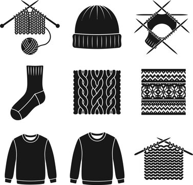 Set of knitting icon designs featuring needles with yarn sweaters socks patterns and cable knit textures isolated on transparent background vector illustration.