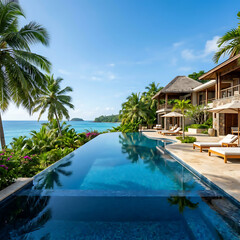 Fototapeta premium Luxury tropical resort infinity pool with palm trees, isolated on transparent background
