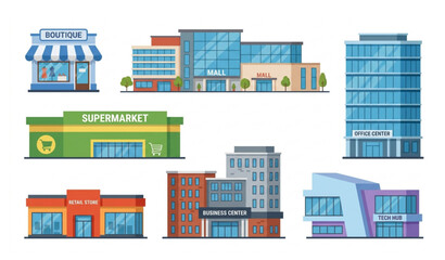 Fototapeta premium Commercial buildings and modern architecture flat vector illustration set
