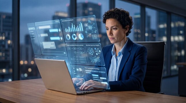 Business professional using laptop with AI chatbot interface, data