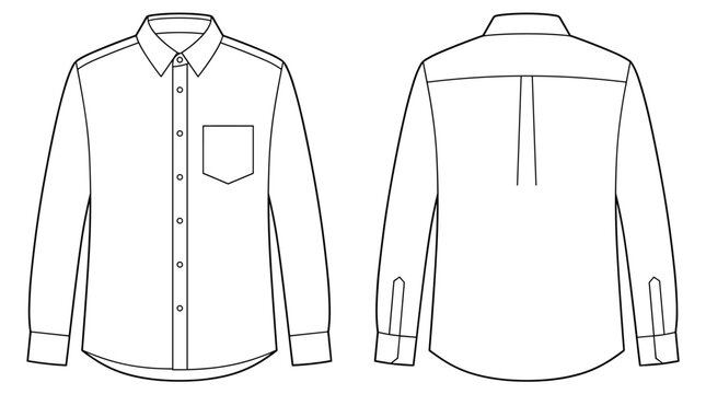 concealed button placket mens shirt flat sketch vector illustration smart long sleeve office wear shirt front and back technical cad drawing template