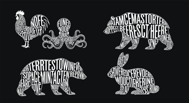 Silhouettes of a rooster octopus bear and rabbit filled with intricate white typographic text on a black background.