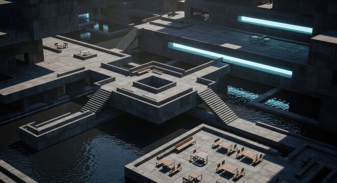 Futuristic Brutalist Concrete Plaza Over Water with Modular Design and Glowing Lights for Modern Urban and Sci-Fi Concepts