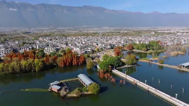 Aerial View of Erhai Lake and Dali City in Yunnan, China During Autumn