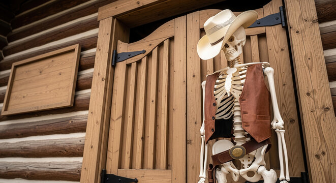 Skeleton cowboy dressed in western attire standing by rustic cowboy saloon doors, Halloween decoration and wild west theme