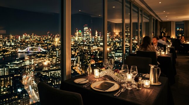 Elegant Fine Dining Restaurant Overlooking London City Skyline at Night.
