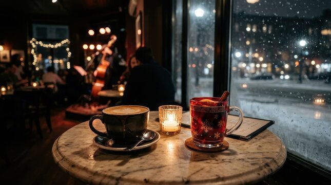 Cozy cafe table with hot coffee and candle on a snowy night.