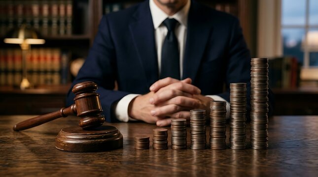Ascending coin stacks and wooden gavel on desk with male lawyer hands clasped representing financial growth, legal costs, and corporate lawsuit settlements