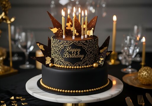 Elegant two tier black happy birthday cake with golden candles on a dark table setting