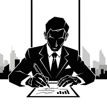 Businessman signing important financial documents at desk.