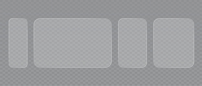 Glass morphism UI elements collection with various rounded rectangular shapes for modern mobile application interface design on grey background.