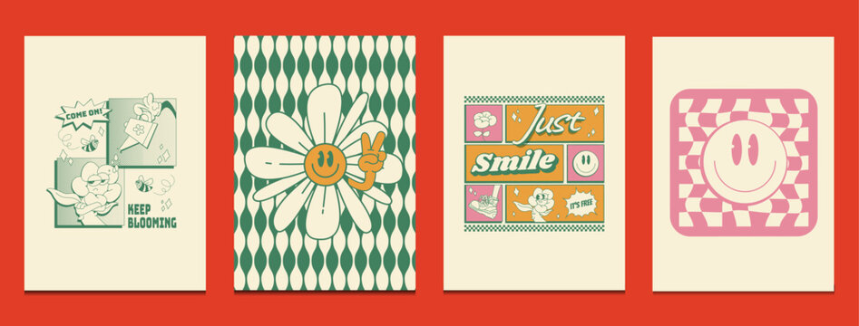Retro groovy wall art posters featuring playful flowers characters, smiley faces, and bold typography in duotone color style, Vector illustration