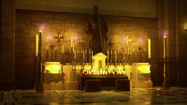 Remembrance altar with flickering flames. Peaceful tribute featuring clustered candles around cross amid textured stone backdrop and radiant halos