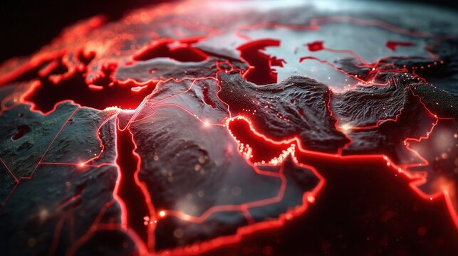Illuminated geopolitical map with digital connections. AI-generated.