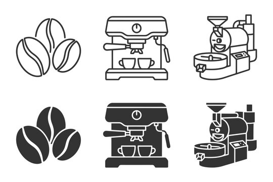Coffee beans, espresso machines, and roasters icons in black and white.