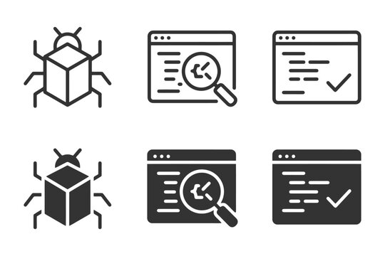 Bug and code analysis icons: debug, software, inspection, error check.