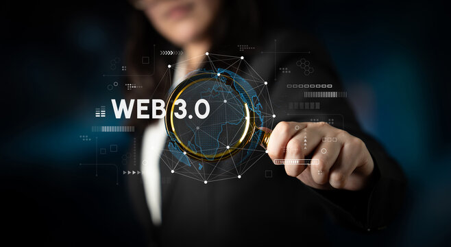 Professional Woman Holding Magnifying Glass Focusing on Web 3.0 Concept with Digital Network Background and Technology Innovation Elements. Entropy.