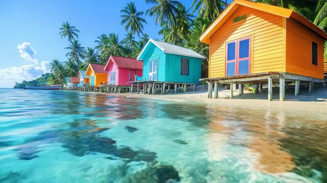 Colorful overwater bungalows on tropical island lagoon with palm trees white sand clear sea and sunny sky idyllic vacation resort landscape for travel tourism holiday honeymoon escape leisure retreat