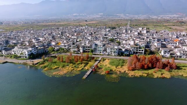 Aerial View of Erhai Lake and Dali City in Yunnan, China During Autumn